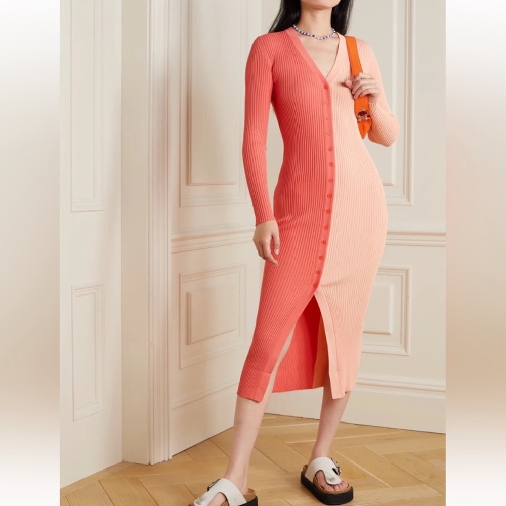 Staud Shoko Two Tone Ribbed Stretch Knit Midi Sweater Dress V-Neck Peach Size M